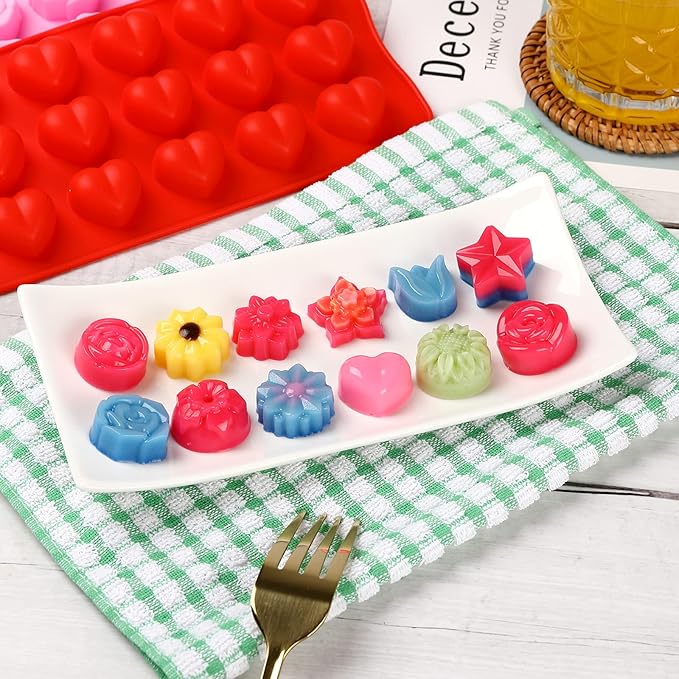 FIRETREESILVERFLOWER Flower Shape Chocolate Candy Molds Set,Heart,The stars,The rose,Flowers in Combination,15 Cavity Silicone Baking Mold Ice Cube Tray-Wedding,Festival,Parties and DIY Crafts-(6Pcs)