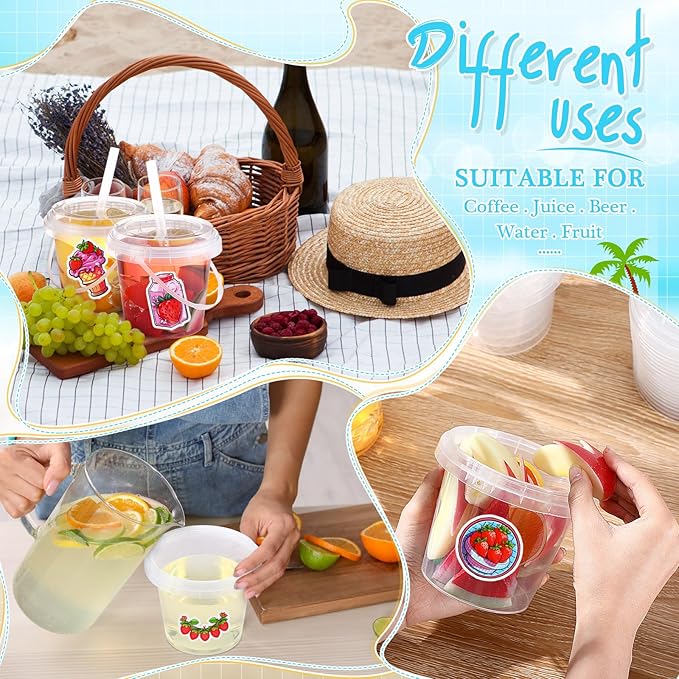 Funnymoom 30 Set Strawberry Clear Plastic Cups with Lids & Straws 24oz Disposable Rum Drink Buckets Bulk for Cocktail Parties with Handles & Stickers for Holiday Birthday Beach Pool Party Supplies