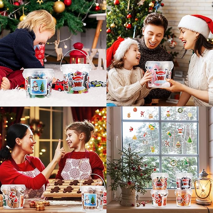PerKoop 20 Pcs 32 oz Ice Cream Buckets with Lids and Handles Clear Cocktail Rum Buckets with Stickers Plastic Transparent Tub Reusable Food Storage Containers for Parties(Santa)