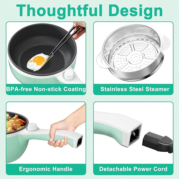 Dezin Hot Pot Electric with Steamer Upgraded, Non-Stick Sauté Pan, Rapid Noodles Electric Pot, 1.5L Mini Pot for Steak, Egg, Fried Rice, Ramen, Oatmeal, Soup with Power Adjustment