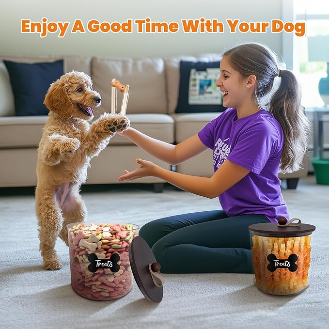 HOYTAMDAR 2 Pack Airtight Dog Food Storage Container,Dog Treat Container Dog Treat Jar with Wood Lids 6x5'',Pet Food Storage Container,Cat Food Container with Scoops,Food Tong,Labels,Pen