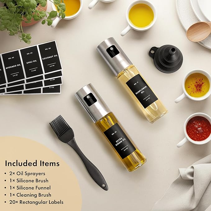 EDELHAUS Oil Sprayer Set of 2 – Oil Spray Bottle Made of Stainless Steel & Glass, for Healthy Cooking, Sprayer for Precise Dosage, for Cooking Oil & Vinegar Including 20 Labels, Funnel