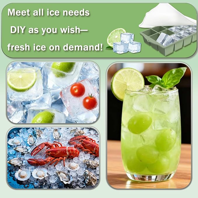 Ice Cube Trays for Freezer, 3 Pack Easy Release Slicone Ice Cube Tray with Lid, BPA Free Stackable Flexible Ice Mold 15 Square Reusable Ice Cubes for Whiskey, Baby Food, Ice Coffee (Pink+Blue+Green)