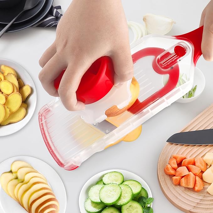 Mandoline Slicer with Hand-Held, Vegetable Slicer with Food Holder, Adjustable Stainless Steel Blade, Comfort Grip, Easy to Clean, Ideal for Speedy Slicing of Fruits and Vegetables