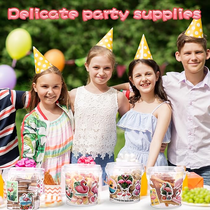 PerKoop 20 Pcs 32 oz Ice Cream Buckets with Lids and Handles Clear Cocktail Rum Buckets with Stickers Plastic Transparent Tub Reusable Food Storage Containers for Parties(Flamingo)