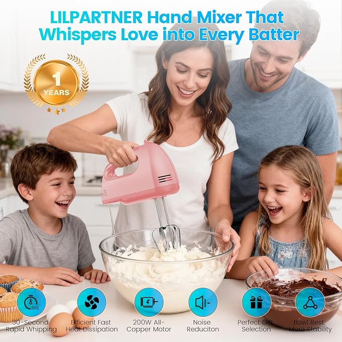 LILPARTNER Hand Mixer Electric, Small Food Mixer 7 Speeds Handheld Blender, 304 *(2* Beater, 2*Dough Hook) Kitchen Blender for Cream, Cookies, Dishwasher Safe