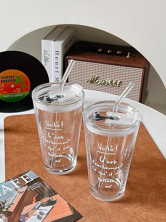 Olvini 15oz Glass Tumbler with Straw and Lid, Cute Iced Coffee Cups, Aesthetic Glass Cups, Coffee Tumbler, Water Cup, Matcha Cup, Drinking Glasses (The Perfect Match)