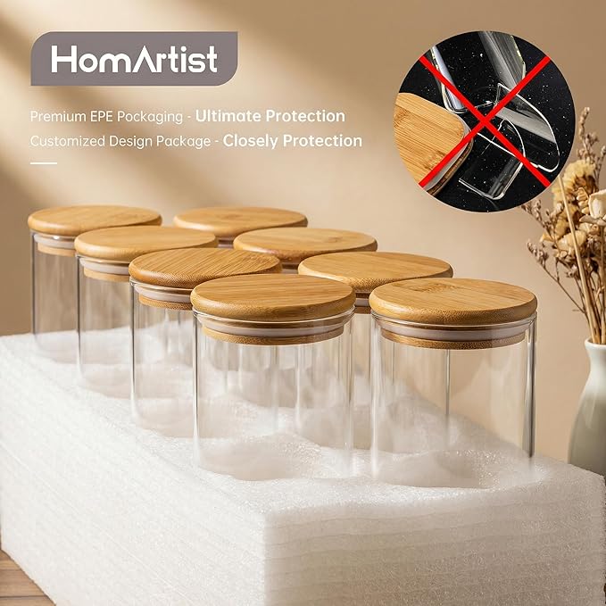 32oz - 4 Pack Glass Jars with Bamboo Lids, Glass Pantry Storage Containers with Airtight Lids, Round Air Tigh Food Storage Canisters for Cereal, Pasta, Flour, Sugar, Rice, Best for Kitchen Organizer