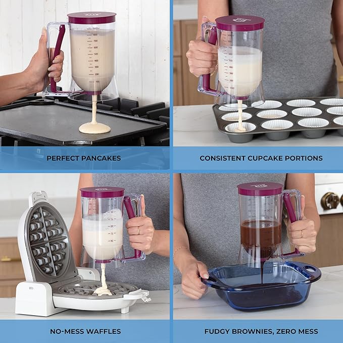 KPKitchen Pancake Batter Dispenser and Pancake Spatula Flipper - Perfect Baking Tool for Cupcakes, Waffles, Crepes, Cake or Any Baked Goods (Purple) - Heat Resistant Wide Spatula Perfect for Pancakes