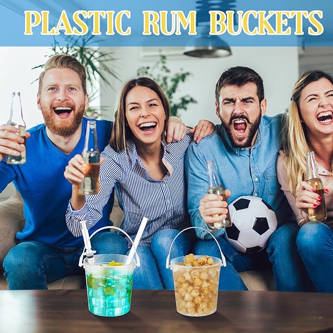 Willinglong 100 Set 32oz Clear Plastic Drink Buckets Rum Buckets for Drink with Straws, Lids and Beverage Syringes Reusable Iced Coffee Cups for Rum Wine Beer Cocktail Beverage Lemonades