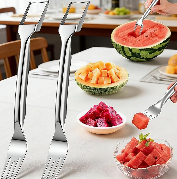 Watermelon Fork Slicer Cutter, 2PCS Stainless Steel 2-in-1 Watermelon Cutter, Portable Watermelon Fork Watermelon Cutter Slicer Tool Fruit Forks Slicer for Home Party Camping Kitchen Gadget