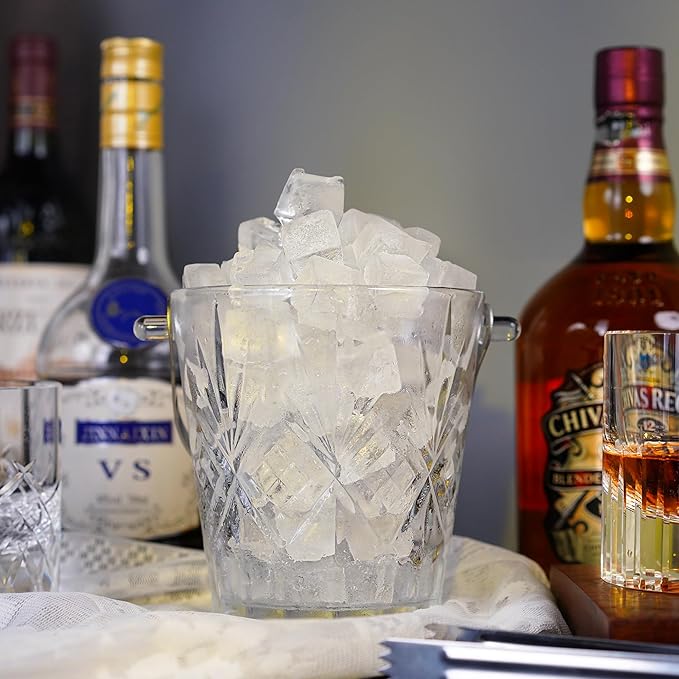 Clear Glass Ice Bucket with Ice Tong and Handle 33.8 oz Crystal Ice Cube Busket Cocktail Bar Champagne Bucket for Parties Wine Accessory