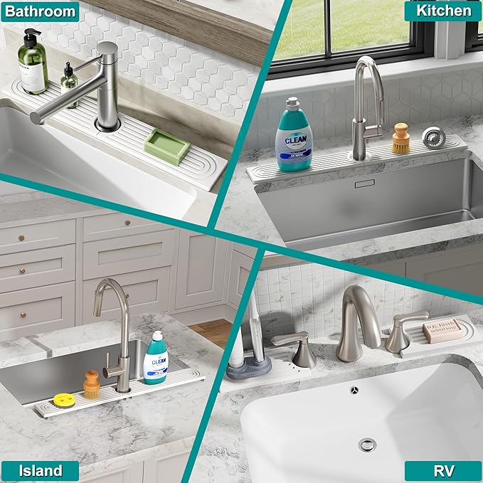 Stone Faucet Mat for Kitchen Sink - Quick Dry Diatomite Sink Splash Guard, Prevents Moisture Buildup & Water Stains, Water Absorbing Stone Tray for Bathroom Countertop (White, 23.6" x 4")