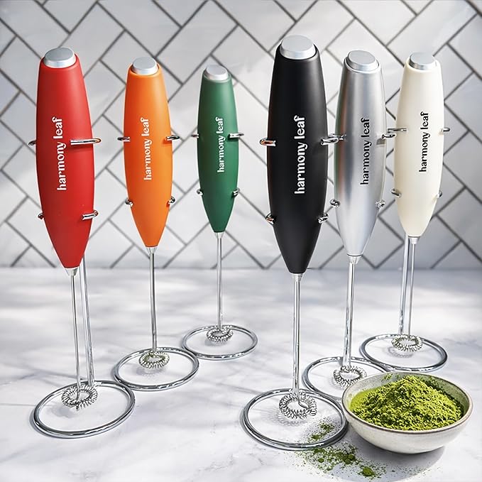 Harmony Leaf Handheld Milk Frother, Stainless Steel Electric Drink Mixer with Stand, Battery Operated Coffee Frother for Lattes, Matcha, Hot Chocolate and More, Red