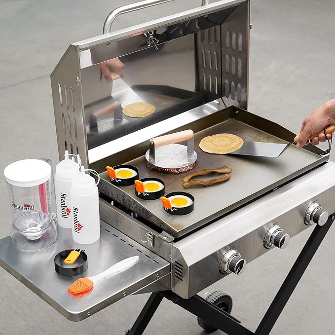 Stanbroil Griddle Accessories with Smashed Burger Press, 10PCS Griddle Kit Set, Pancake Batter Dispenser, Stainless Steel Bacon Press & Scraper, Basting Brush, 4 Egg Rings & 2 Oil Bottle