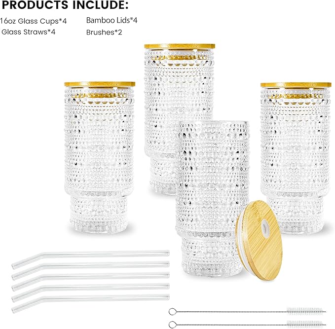 4 Pcs 16 oz Glasses Cups with Bamboo Lids Straws Brush Hobnail Glass Tumbler with Straw and Lid for Juice Iced Coffee Soda Cocktail Juice
