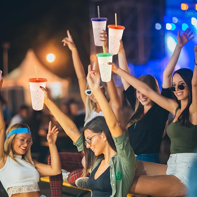 Color Changing Cups, 24 Pack 24oz Plastic Tumblers, Reusable Iced Coffee & Smoothie Cups with Lids and Straws for Parties and Travel(24, Rainbow)