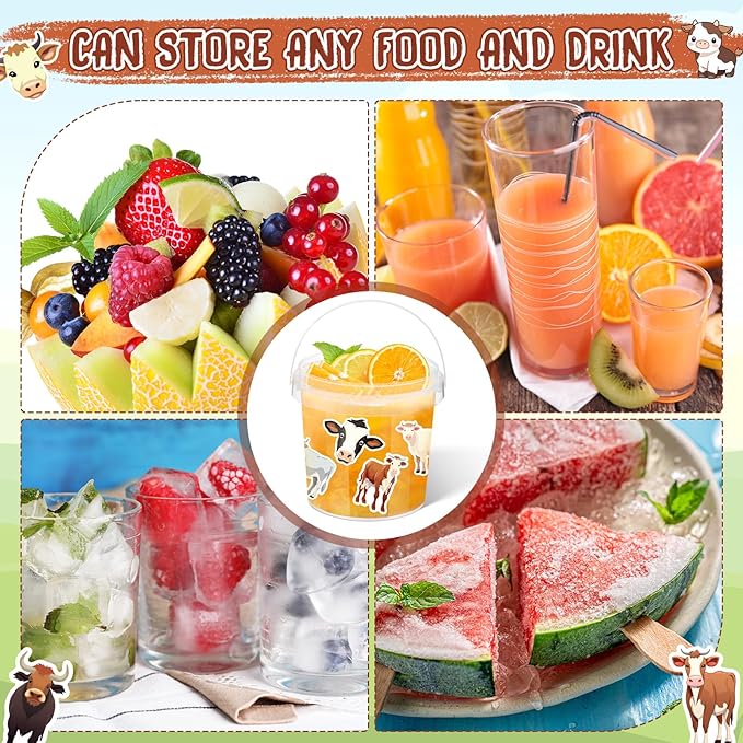 PerKoop 20 Pcs 32 oz Ice Cream Buckets with Lids and Handles Clear Cocktail Rum Buckets with Stickers Plastic Transparent Tub Reusable Food Storage Containers for Parties(Cow)