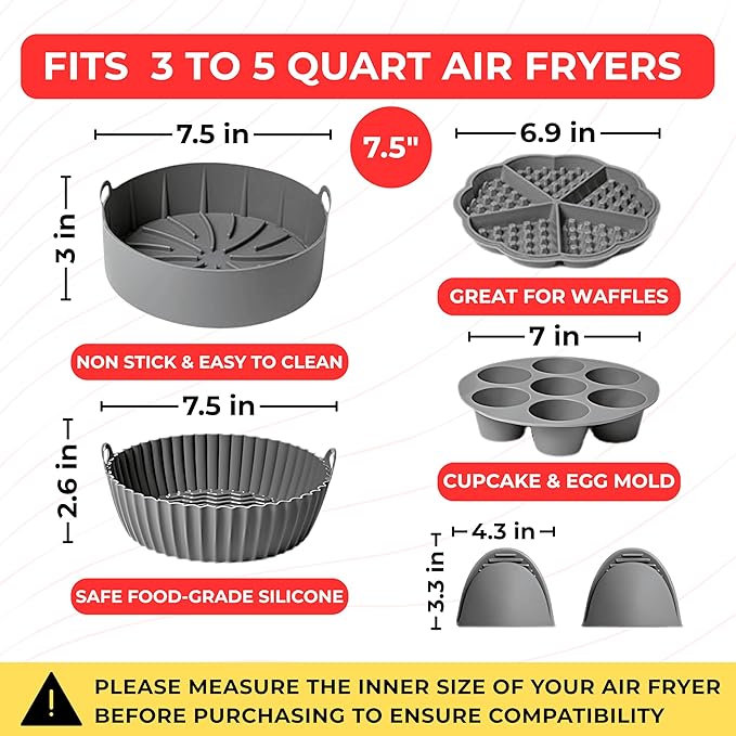 EM Set of 5 Silicone Air Fryer Liners with Egg Bite Mold, Waffle Mold & Mitts - 7.5” Round Reusable Silicone Inserts for 3-5 Qt Airfryers - Easy to Clean & Heat-Resistant Air Fryer Accessories Set