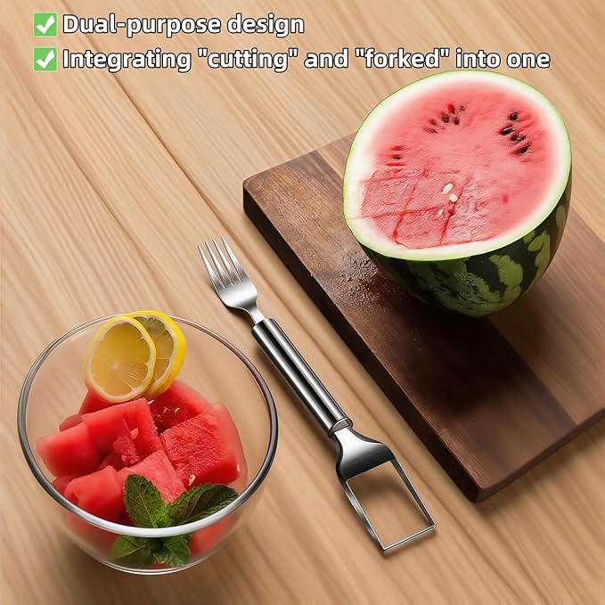 2-in-1 Stainless Steel Watermelon Slicer & Fork | Easy Cut, Serve, Enjoy | Kitchen & Camping Must-Have Tool for Fruit Salad, Parties, BBQ | Dishwasher Safe & Rust-Proof