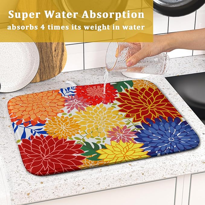 Modern Floral Dish Drying Mat 16x18 in Multicolored Tropical Drying Pad for Kitchen Counter