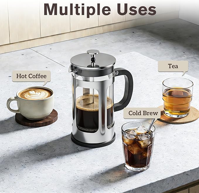 French Press Coffee Maker 34oz, Heat Resistant Thickened Glass Stainless Steel Brewer, No Plastic Touching Cafe, 4-Level Filtration, Cold Brew Cafe/Tea Pot for Kitchen Camping Travel, Gifts, Bar