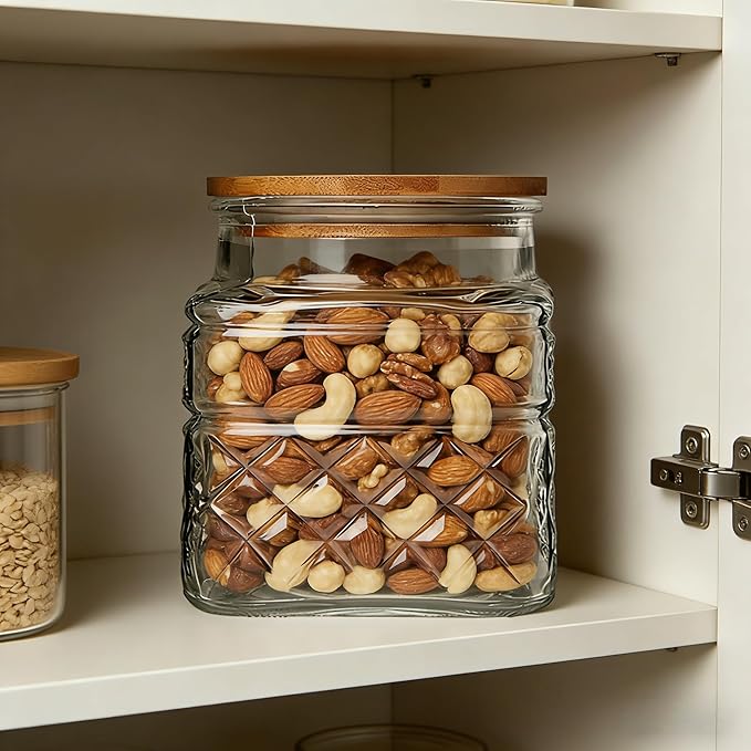 Glass Storage Canister with Airtight Lids, 20.3 FL OZ Thick Glass Candy Jar for Coffee Bean, Cocoa powder,Dog treats, Snacks Vintage Decorative Square Glass Jars for Coffee Bar Kitchen Party Counter