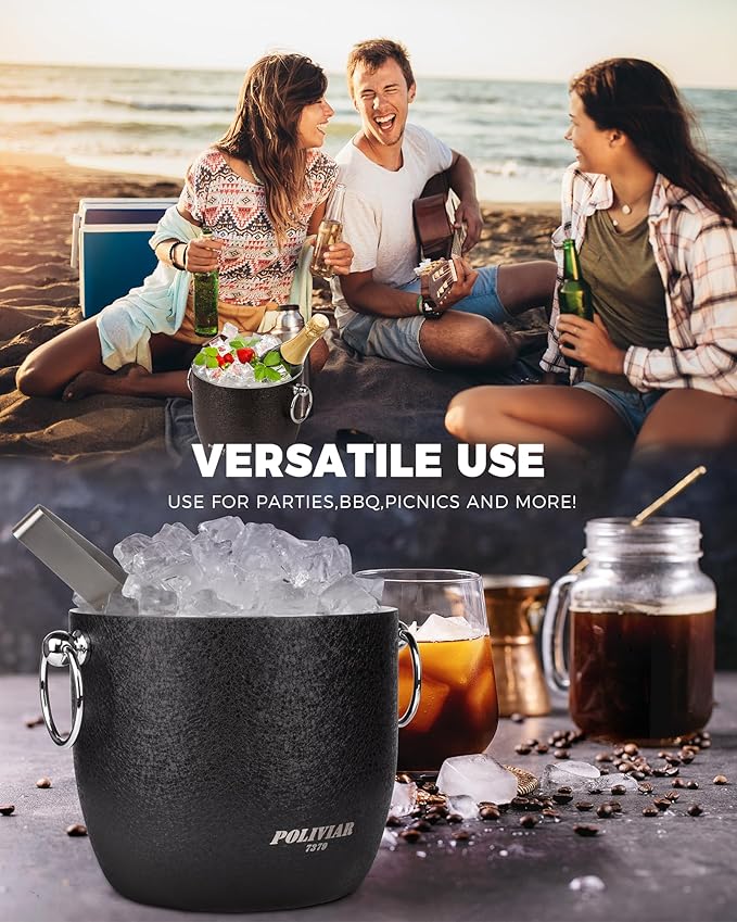 POLIVIAR Ice Bucket, 2.5L Double Wall Ice Bucket with Lid, Stainless Steel Ice Bucket with Tong & Strainer, Ice Bucket for Cocktail Bar, Home & Parties, JX2023-IBLB