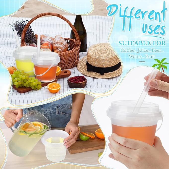 Funnymoom 30 Set 24oz Disposable Plastic Drink Buckets with Lids and Straws Frosted Iced Coffee Cups Rum Buckets for Cocktail Parties Smoothie Cup Bulk with Handles for Beach Pool Party Supplies