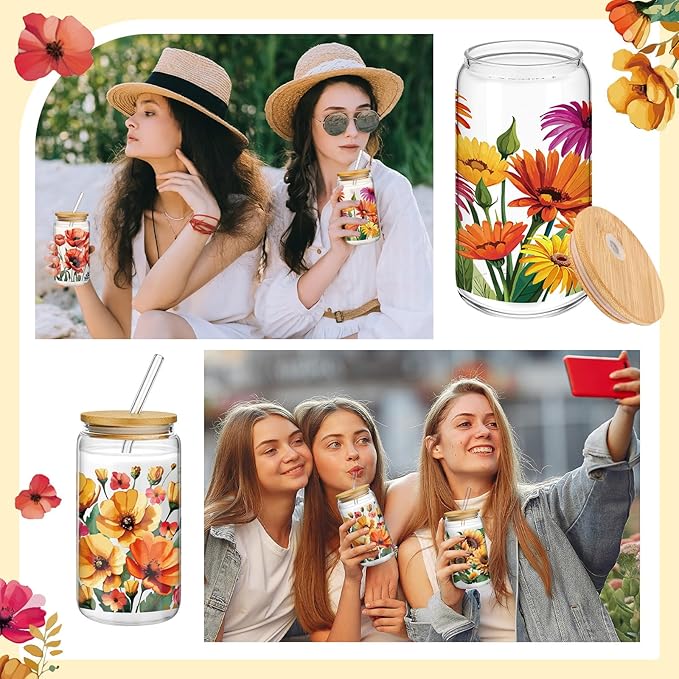 Mumufy 4 Pack Oil Flower Themed Gifts for Women Cute Glass Cup Tumbler Flower Iced Coffee Mugs 16 oz Glass with Bamboo Lid & Straw, Christmas Mothers Day Birthday Gift for Mom Sister Bridesmaid