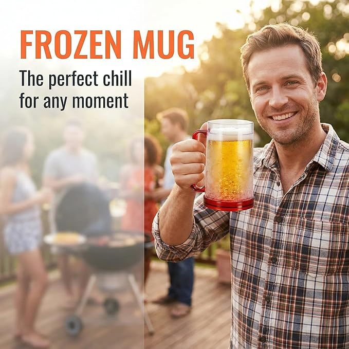 Fasmov Freezer Beer Mugs, 4 Pack Double Wall Gel Frosty Freezer Ice Mugs, Plastic Beer Mugs With Handles for Parties and Gifts, 16oz (Blue, Red, Orange and Green)