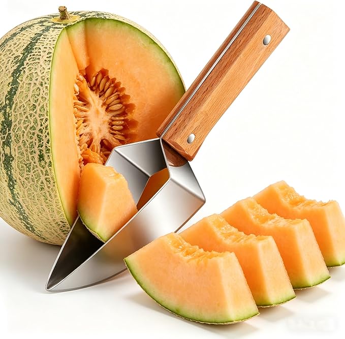 Stainless Steel Watermelon Slicer, Triangle Watermelon Cutter, Stainless Steel Melon Slicer with Wooden Handle, Fruit Divider Tool for Summer Picnic BBQ, Easy Kitchen Gadget for Cantaloupe (1 PCS)