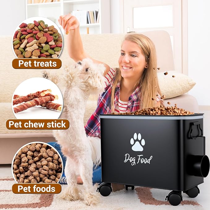 Dog Food Container 13lb, Cute Airtight Pet Food Storage Containers with Metal Lid Scoop, Black Metal Storage Bin for Dog/Cat with Wheels,Easy to Move