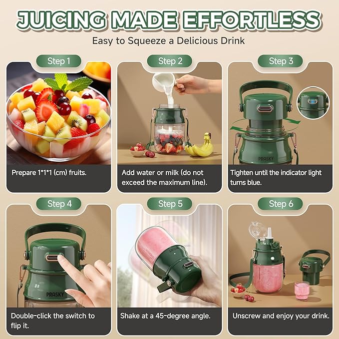 Portable Blender, Prasky Personal Blenders for Shakes and Smoothies with 27oz Cup, Lid and Shoulder Strap, Type-C USB Rechargeable, Personal Size Blenders BPA-free for Travel/Kitchen(Green)