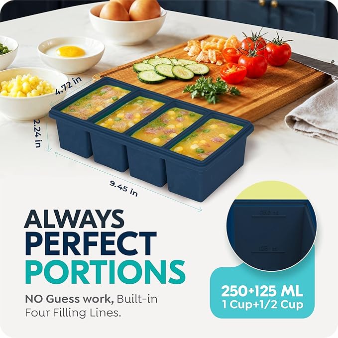 Silicone Freezer Trays with Lids, 2 Cup & 1 Cup Soup Container Style Ice Cube Trays, Easily prepare portioned meals, Great for storing soups and other dishes, Oven & Dishwasher-Safe(2-Pack)