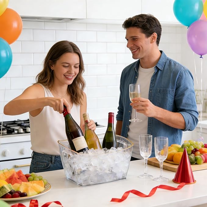 6-Piece Ice Bucket Set with Plastic Scoops | Leak-Proof Large Ice Buckets for Parties, Bars, Outdoor Events | Chilling Containers for Wine, Champagne, Beer (Acrylic, Square-Clear)