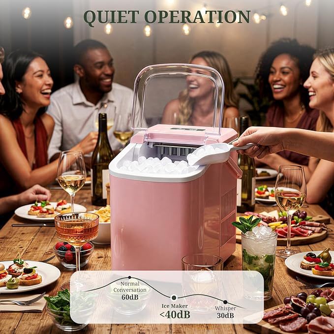 Ice Maker, Portable Ice Makers Countertop with Handle, Basket & Scoop, 26Lbs/24Hrs, 9 Bullet Ice Cubes in 6 Mins, 2 Ice Sizes, Self-Cleaning, Quiet Compact Ice Machine for Home Kitchen Party, Pink