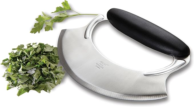 Amco Mezzaluna Herb Chopper with Silicone Handle & Stainless Steel Blade - 4.9" Dishwasher Safe Chopping Tool for Herbs, Vegetables & Garlic - Non-Slip Grip, Easy to Use & Comfortable to Hold