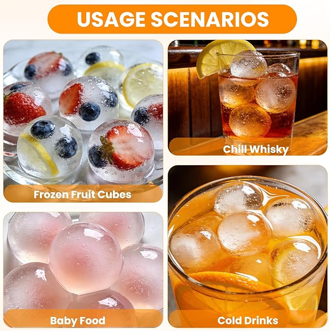 Ice Ball Maker Mold, 8 Hole Large Round Ice Cube Tray with Built-In Easy-Fill Funnel & Water Level Line, Silicone 1.7" Sphere Ice Mold for Whiskey, Cocktails, Bourbon