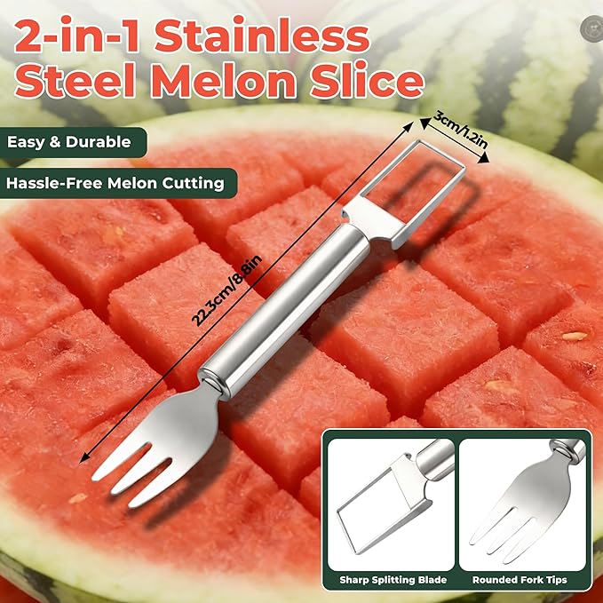 2-in-1 Stainless Steel Fruit Cutter, 2026 New Upgrade Dual Head Watermelon Fork Slicer Cutter Tool, Summer Watermelon Fruit Cutting Home Kitchen Gadgets (1PCS)