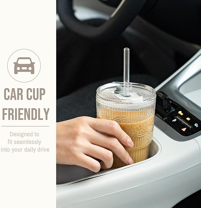 SoulTimes 20oz Ribbed & Floral Glass Tumbler Set of 4 – Reusable Glass Cups with Lid and Glass Straw, To-Go Iced Coffee Cups for Water, Smoothie, Milk, Cocktail & More – Perfect for Daily Use & Travel