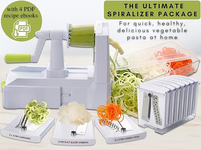 Brieftons 10-Blade Vegetable Spiralizer: Zucchini Spiral Slicer & Veggie Noodle Maker, Japanese Steel Blades, Catch Container, Strong Suction Cup, Blade Caddy, 4 eBooks | Low Carb, Vegan, Gluten-Free