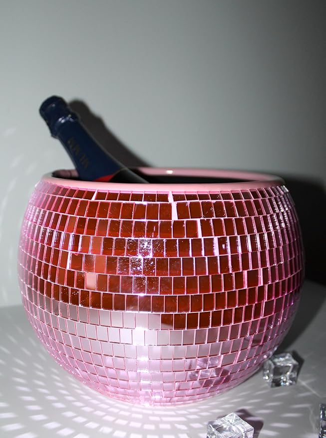 NPW Pink Disco Ball Ice Bucket – Mirrored Cocktail & Champagne Ice Bucket for Parties, Girls’ Night & Bachelorette