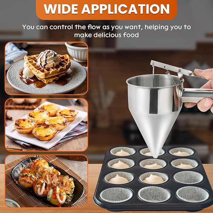 600ML/20OZ Stainless Steel Pancake Batter Dispenser, Piston Funnel Dispenser with Stand Detachable Handle for Takoyaki Baking Cake Desserts