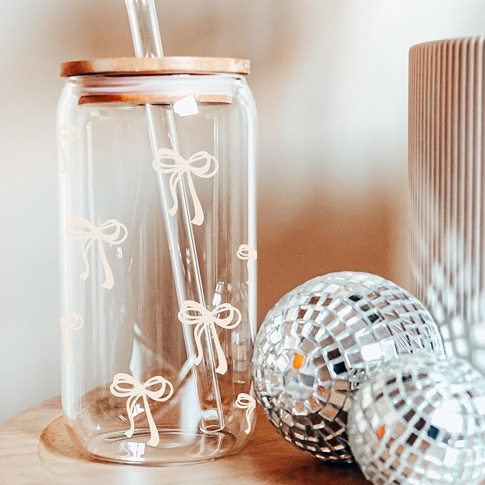 Coquette Cute Cream Bow Glass Cups with Lids and Straws, Aesthetic Iced Coffee Cup Girly Preppy Tumbler Mug Room Decor, Christmas Valentines Birthday Gifts for Women, Teen Girl Gifts Trendy Stuff