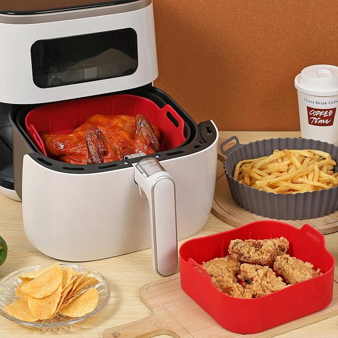 2Pcs Air Fryer Silicone Liners,Air Fryer Silicone Liners Fit 3-6QT Air fryer, Reusable Food Grade Silicone Air fryer Liners Baking Tray Basket Accessories(Square,7.5 Inch)