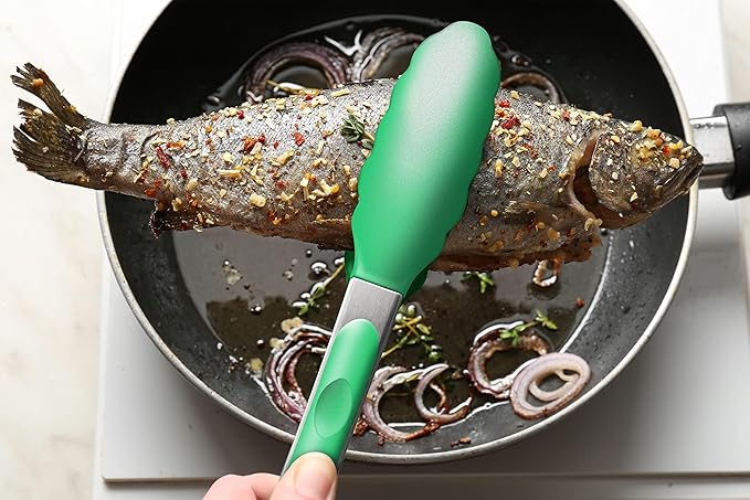 2 Pack Silicone Kitchen Tongs – 9" & 12" Set, Heat Resistant up to 500°F, Non‑Stick Cookware Safe, Wavy Silicone Tips, BPA Free, Locking Clip & Hanging Loop, Turquoise