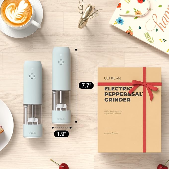 Ultrean Pepper Grinder, Rechargeable Salt and Pepper Grinder with 6 Adjustable Coarseness, LED Light, One-Hand Automatic Operation, Gifts for Women, Blue
