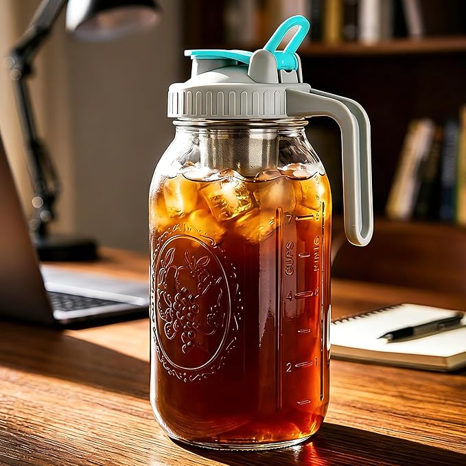 Mason Jar Cold Brew Coffee Maker 64 OZ ( 2 Quart ) Wide Mouth Cold Brew Pitcher With Stainless Steel Fine Mesh Filter Airtight & Leakproof Mason Jar Pitche For Coffee, Iced Tea, Sun Tea, Lemonade