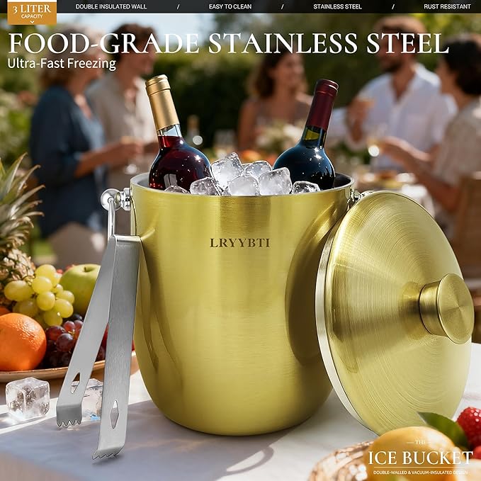 Ice Buckets for Parties with Lid,Tongs and Strainer (3L/Gold) Double Wall Stainless Steel Ice Bucket Keeps Frozen Longer,Ideal Perfect for Parties, Cocktail bar, Chilling Wine, Champagne
